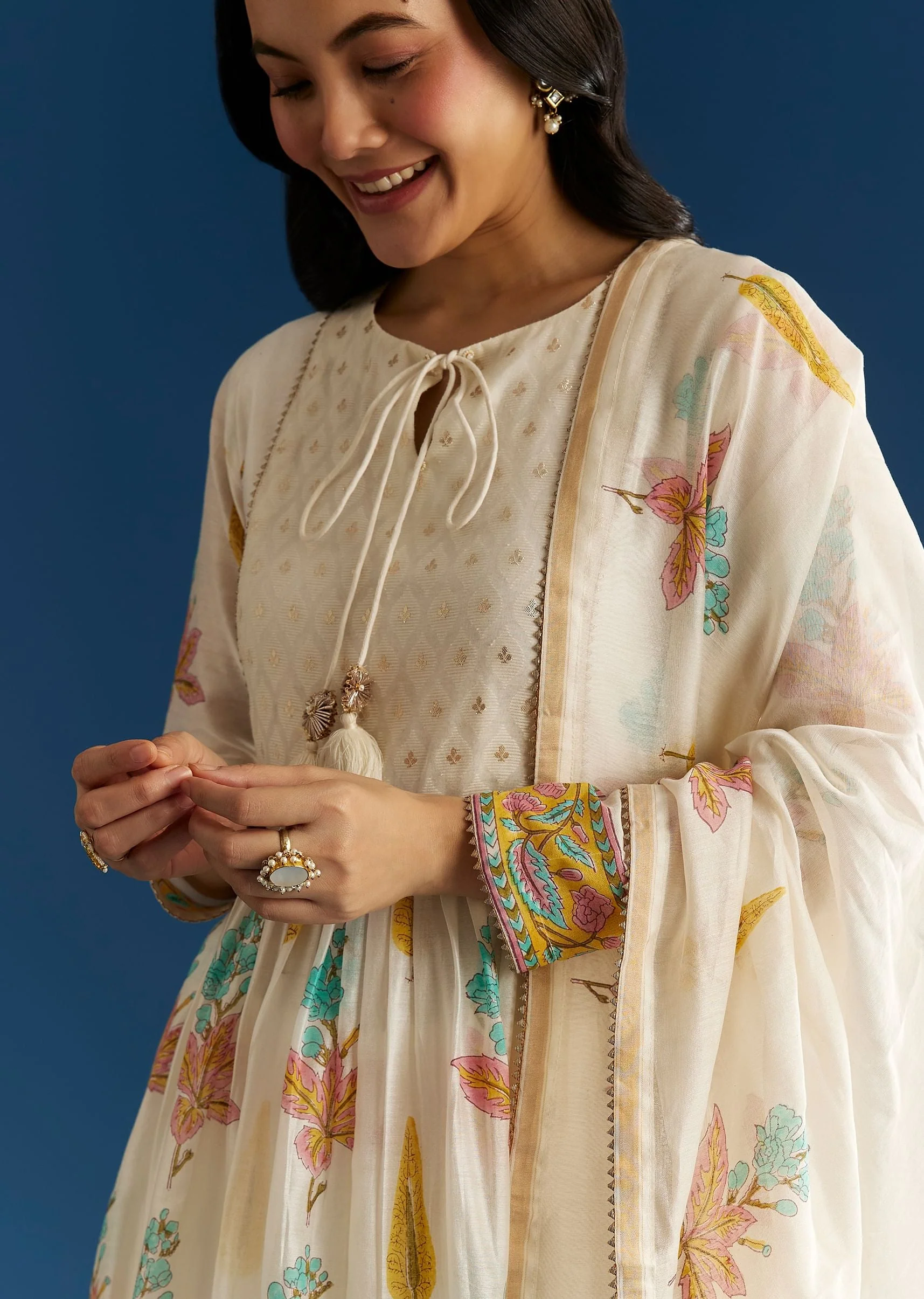 Off White Block Print Anarkali And Dupatta Set With Gotta Lace Detailing