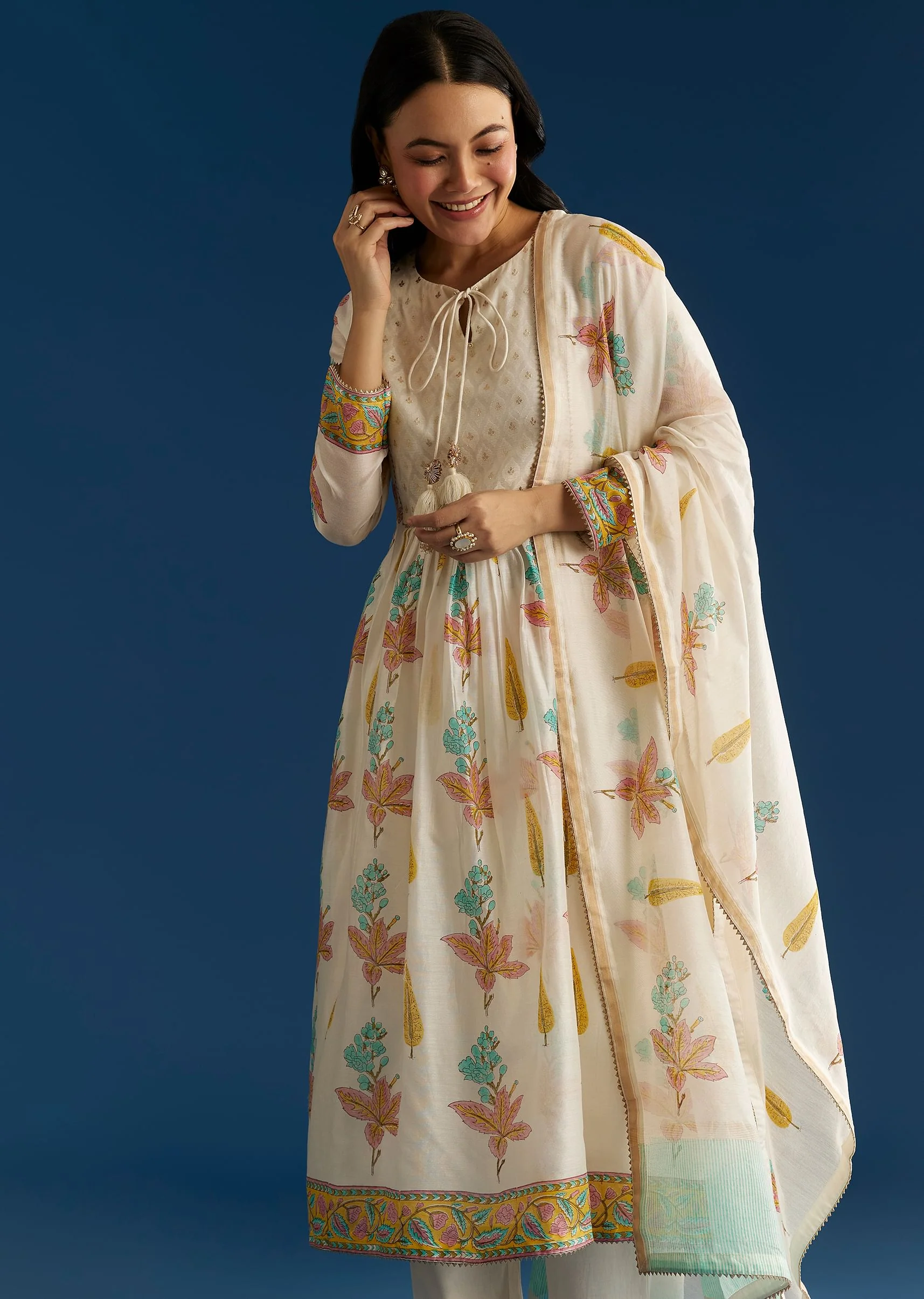 Off White Block Print Anarkali And Dupatta Set With Gotta Lace Detailing