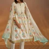 Off White Block Print Anarkali And Dupatta Set With Gotta Lace Detailing