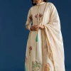 Off White Block Print Anarkali With Gotta Lace Neckline And Dupatta
