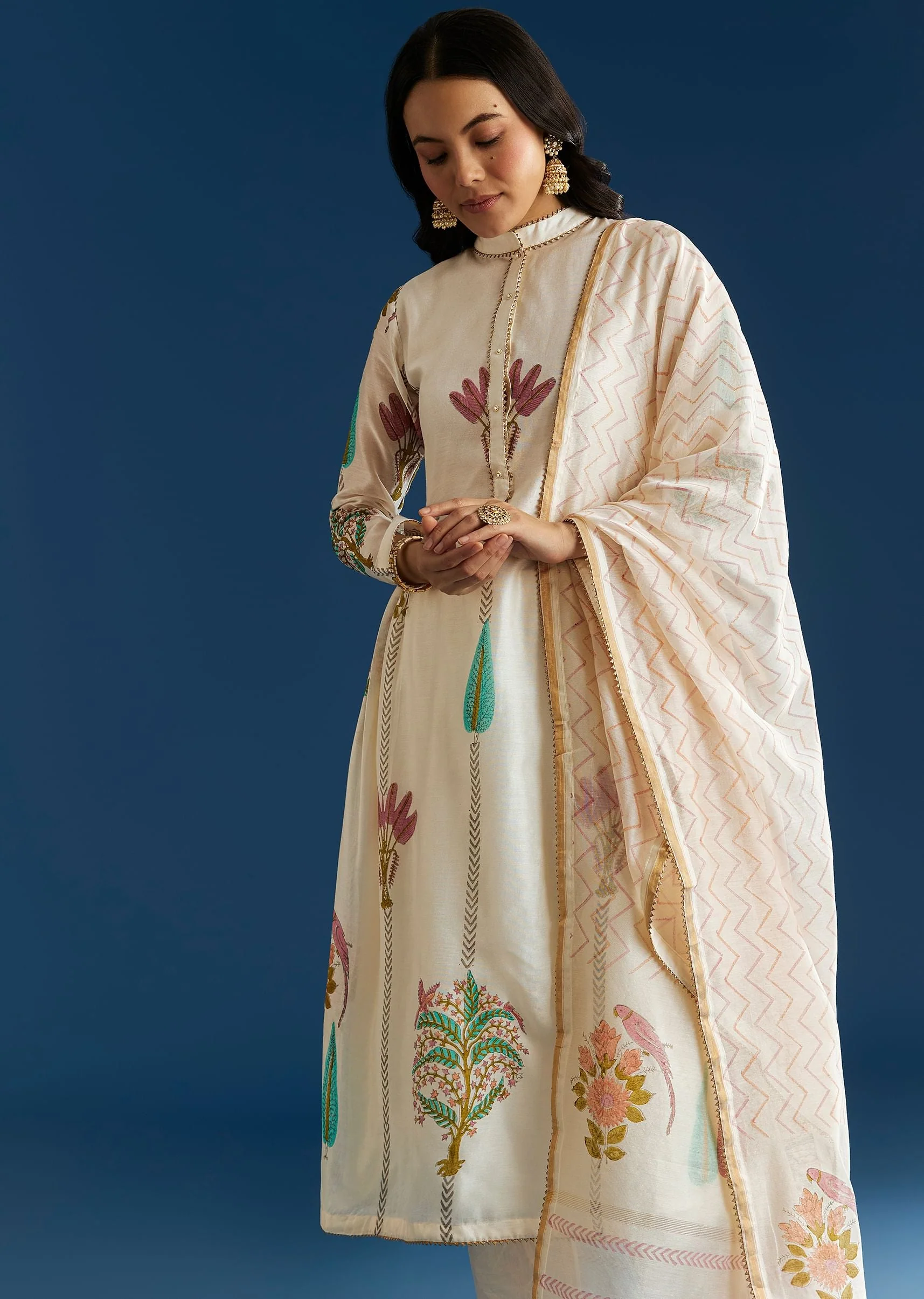 Off White Block Print Anarkali With Gotta Lace Neckline And Dupatta