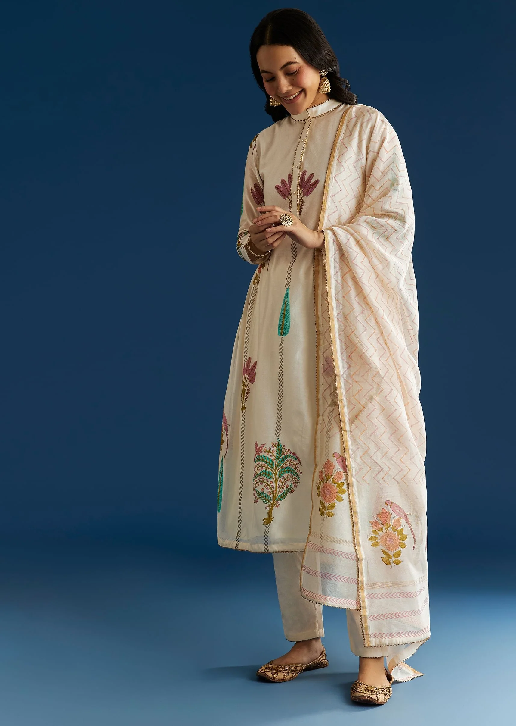 Off White Block Print Anarkali With Gotta Lace Neckline And Dupatta