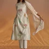 Off White Block Print Anarkali With Gotta Lace Neckline And Dupatta