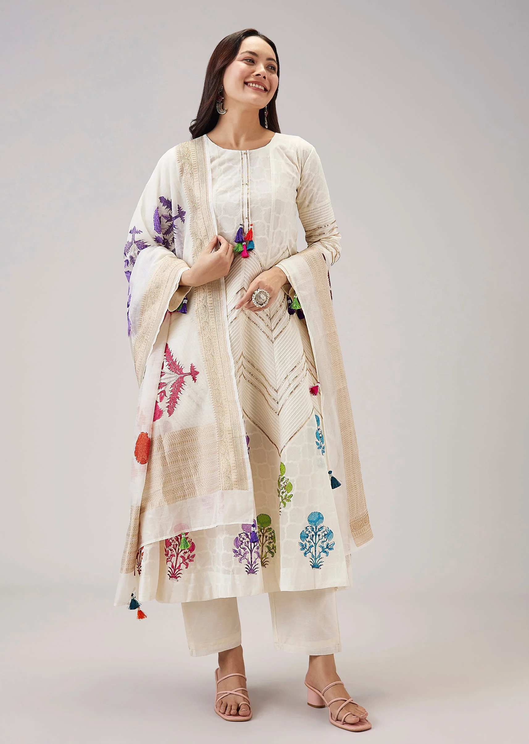 Off White Hand Block Print Anarkali With Gotta Lace Work