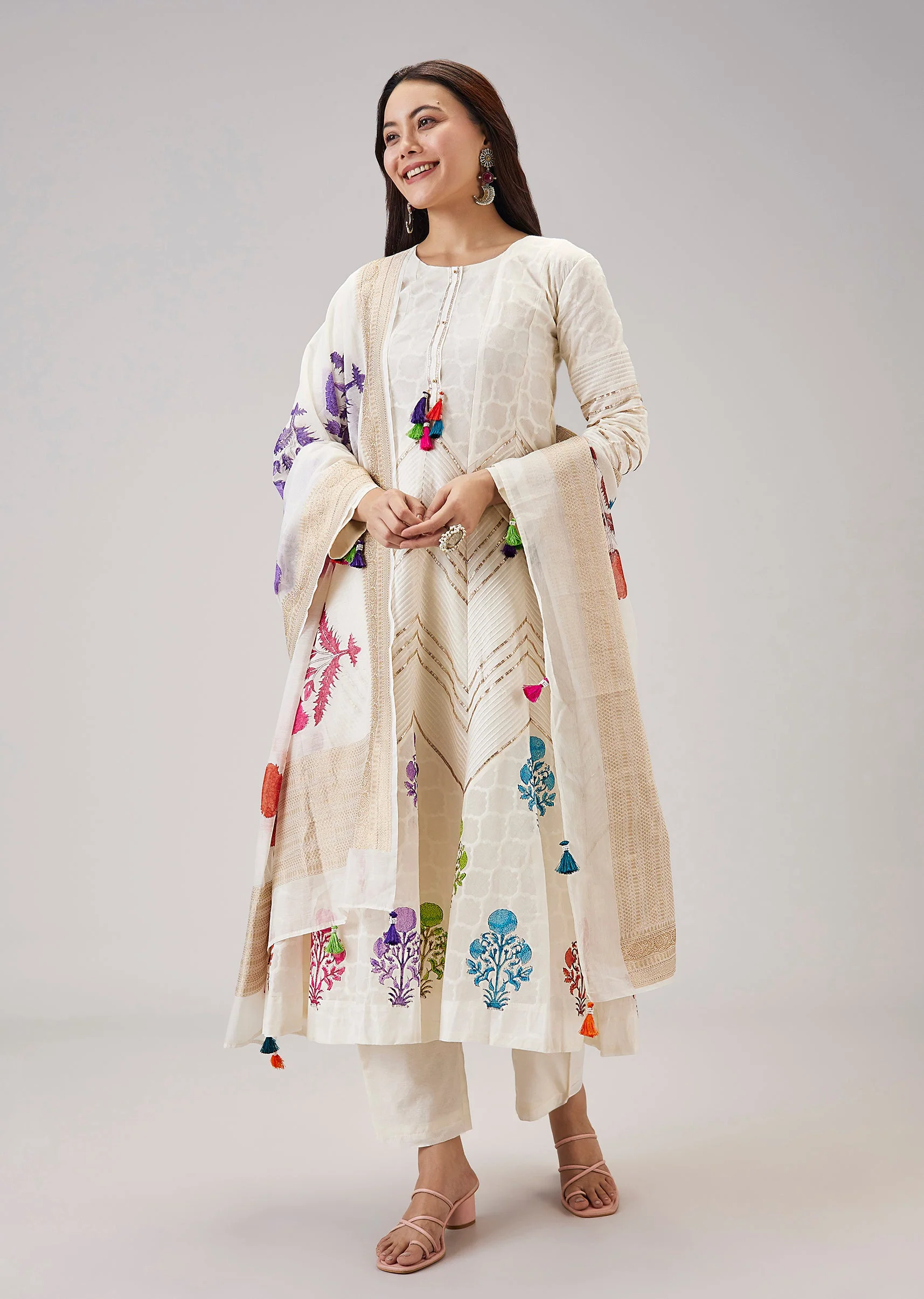 Off White Hand Block Print Anarkali With Gotta Lace Work
