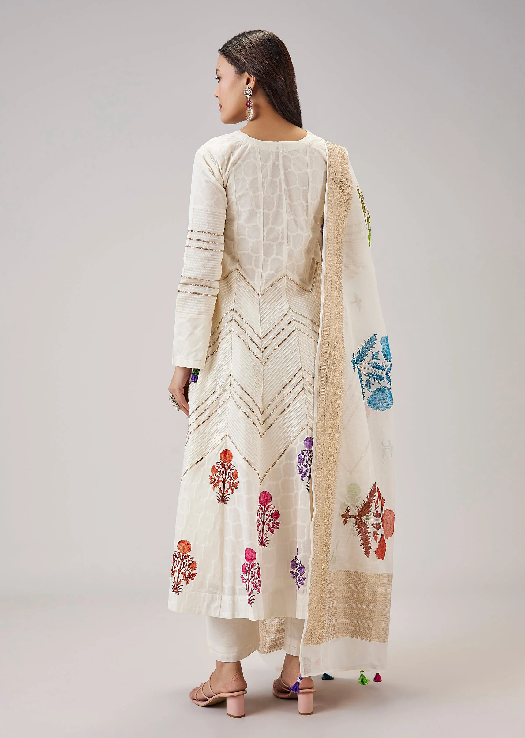 Off White Hand Block Print Anarkali With Gotta Lace Work