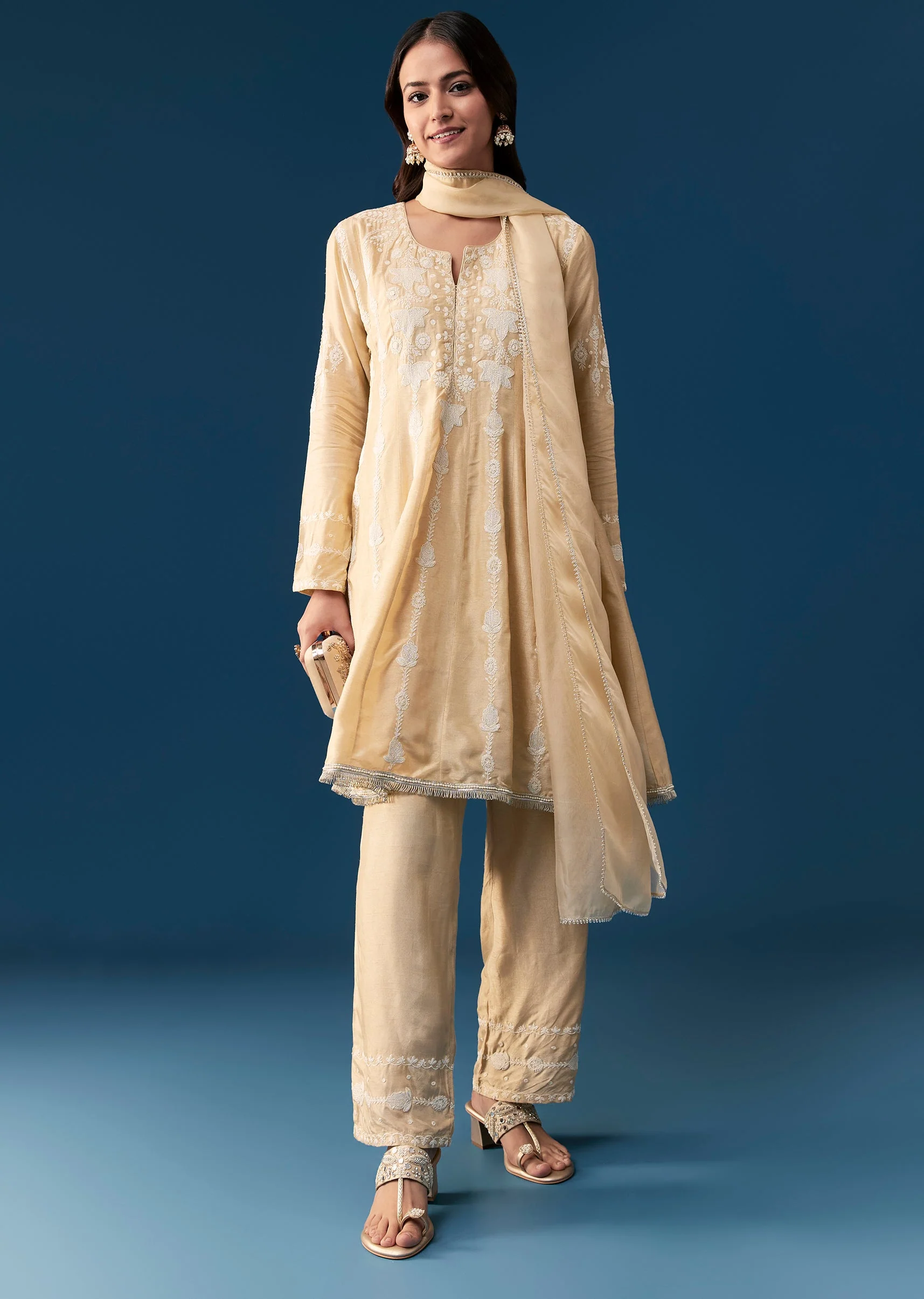 Beige Peplum Pakistani Style Anarkali Suit Thread Work