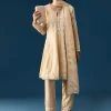 Beige Peplum Pakistani Style Anarkali Suit Thread Work