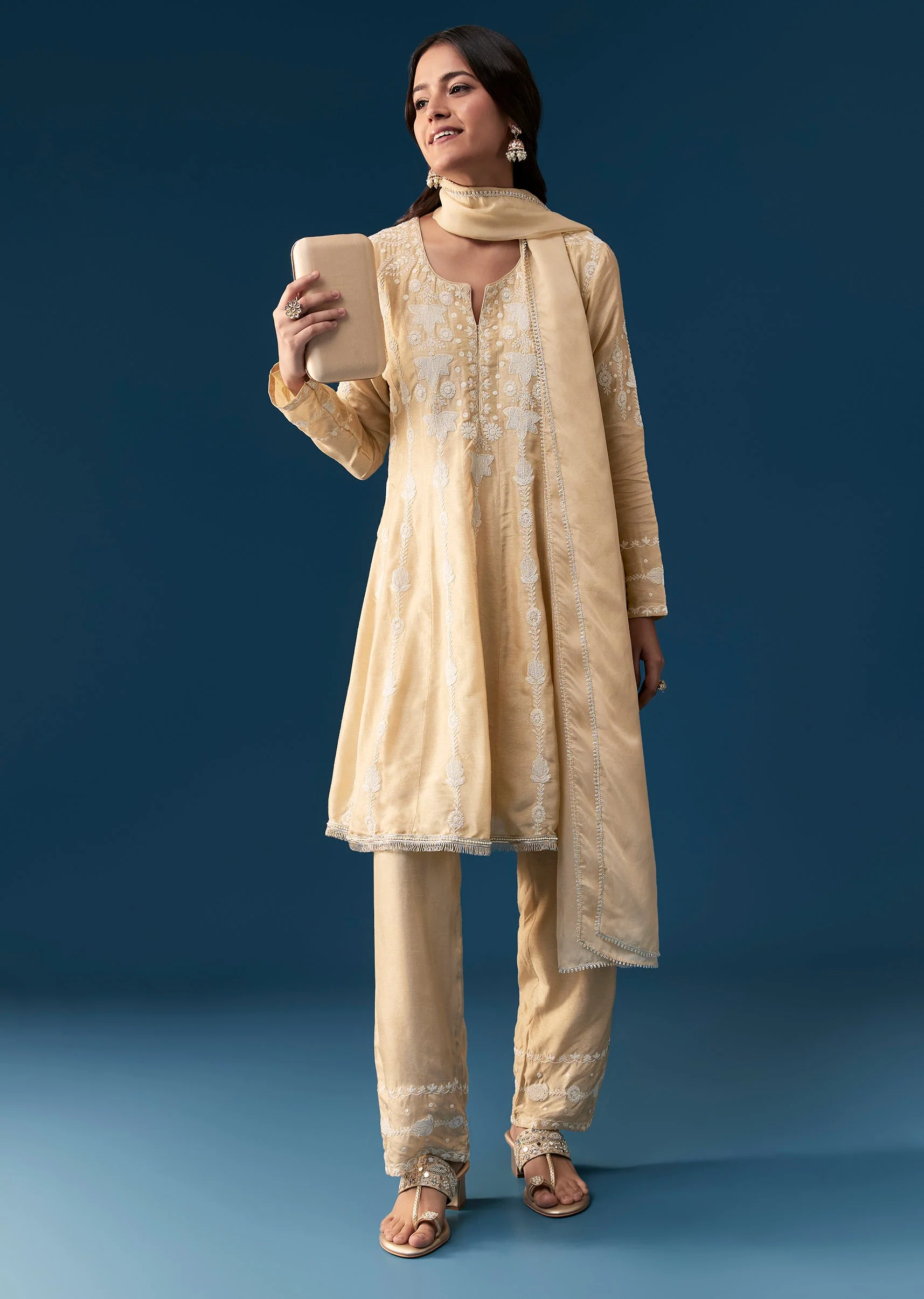Beige Peplum Pakistani Style Anarkali Suit Thread Work