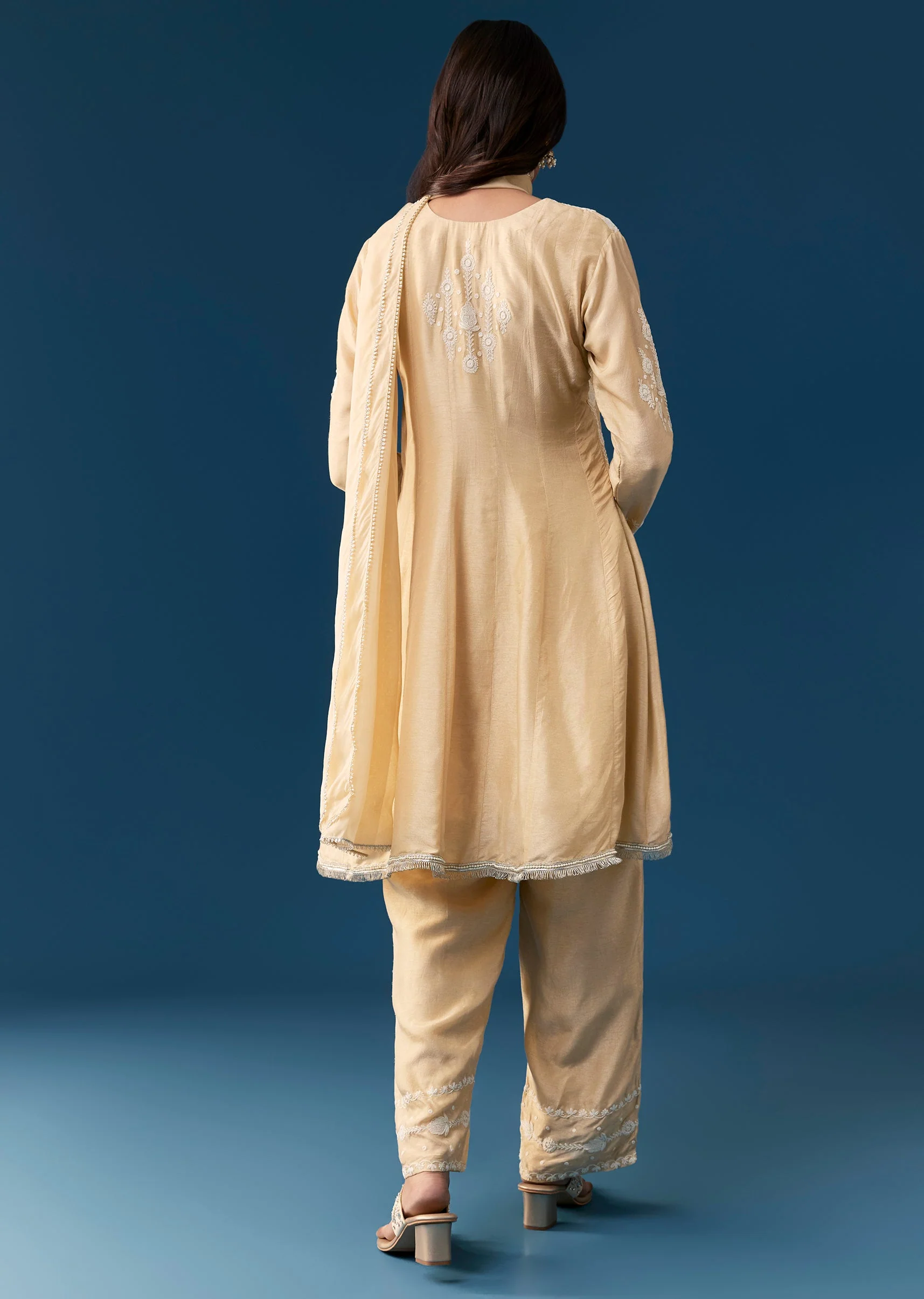 Beige Peplum Pakistani Style Anarkali Suit Thread Work