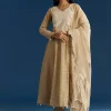 Beige Jamdani Anarkali Set With Thread Work Yoke And Floral Dupatta