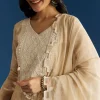 Beige Jamdani Anarkali Set With Thread Work Yoke And Floral Dupatta