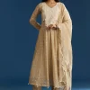 Beige Jamdani Anarkali Set With Thread Work Yoke And Floral Dupatta
