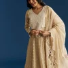 Beige Jamdani Anarkali Set With Thread Work Yoke And Floral Dupatta