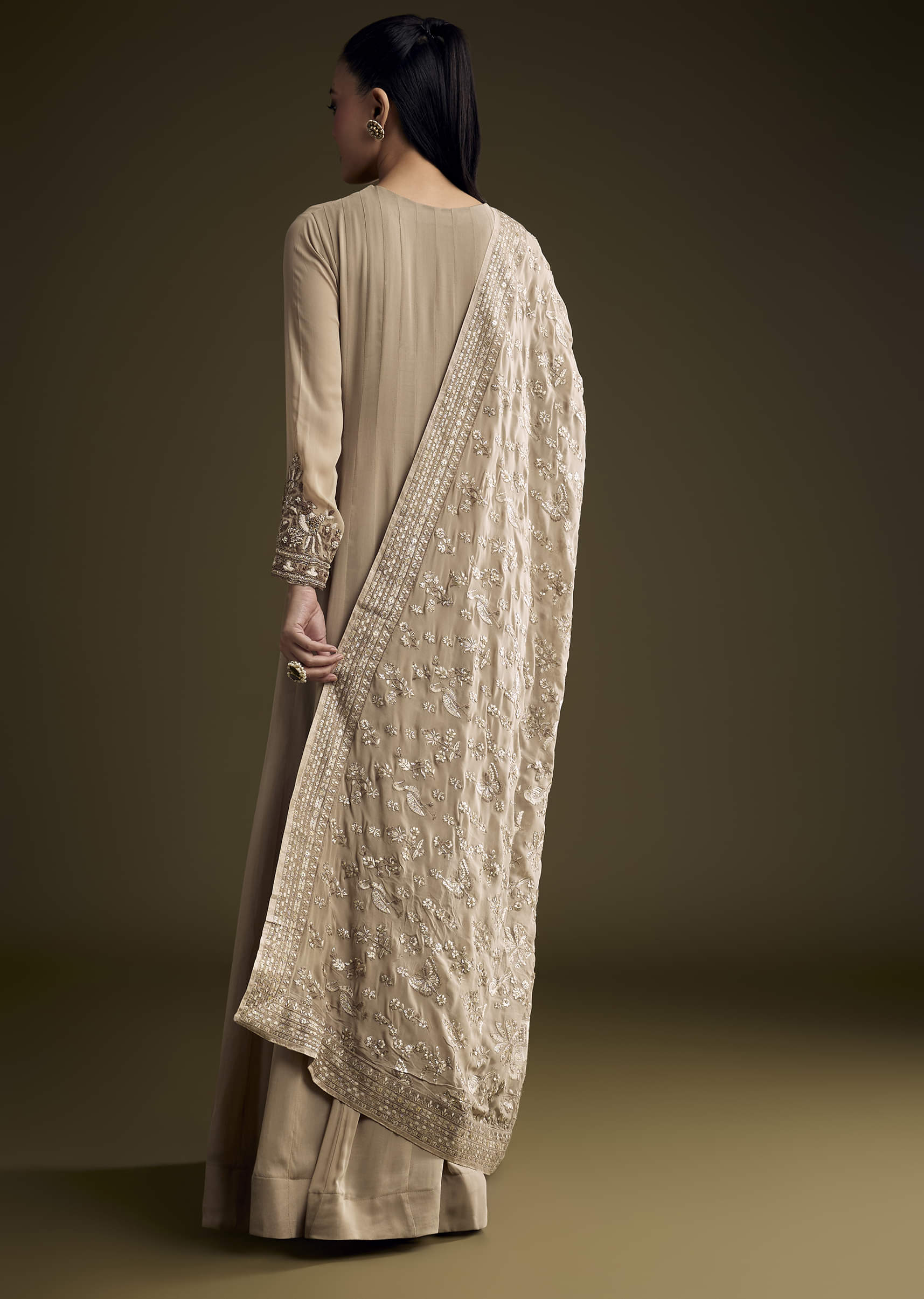 Beige Georgette Anarkali Suit With Sequins And Thread Embroidery