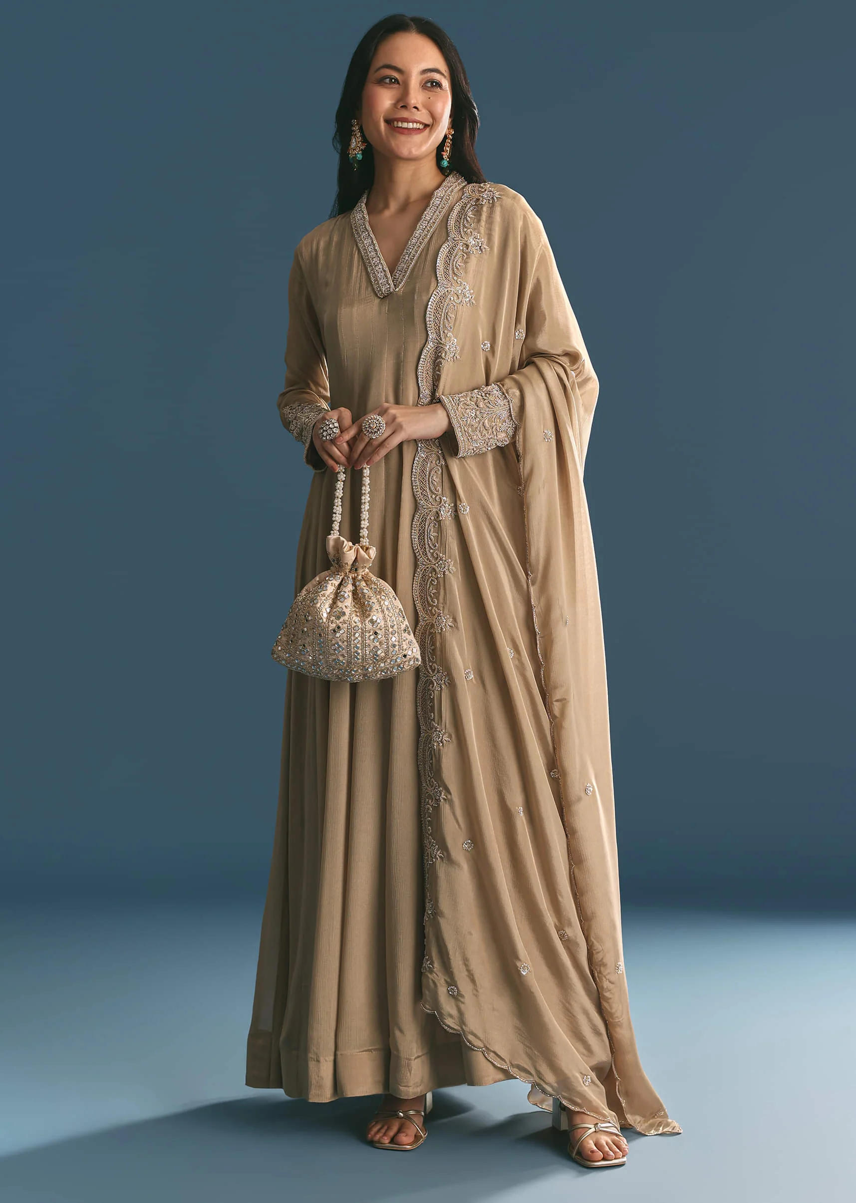 Beige Chinon Zardosi Work Anarkali Suit With Embroidered Dupatta