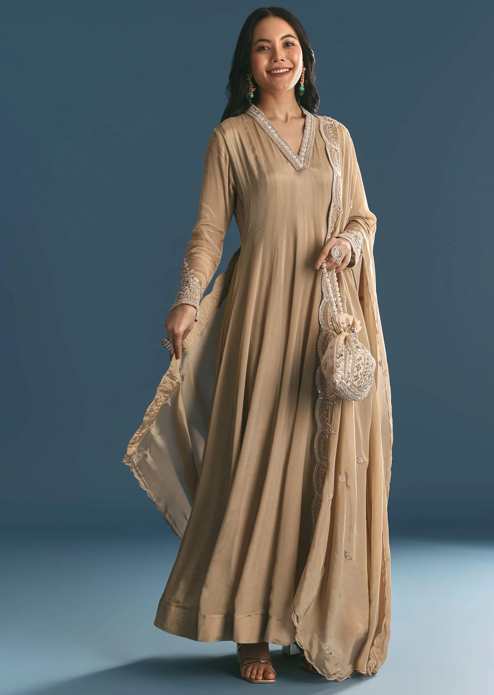 Beige Chinon Zardosi Work Anarkali Suit With Embroidered Dupatta