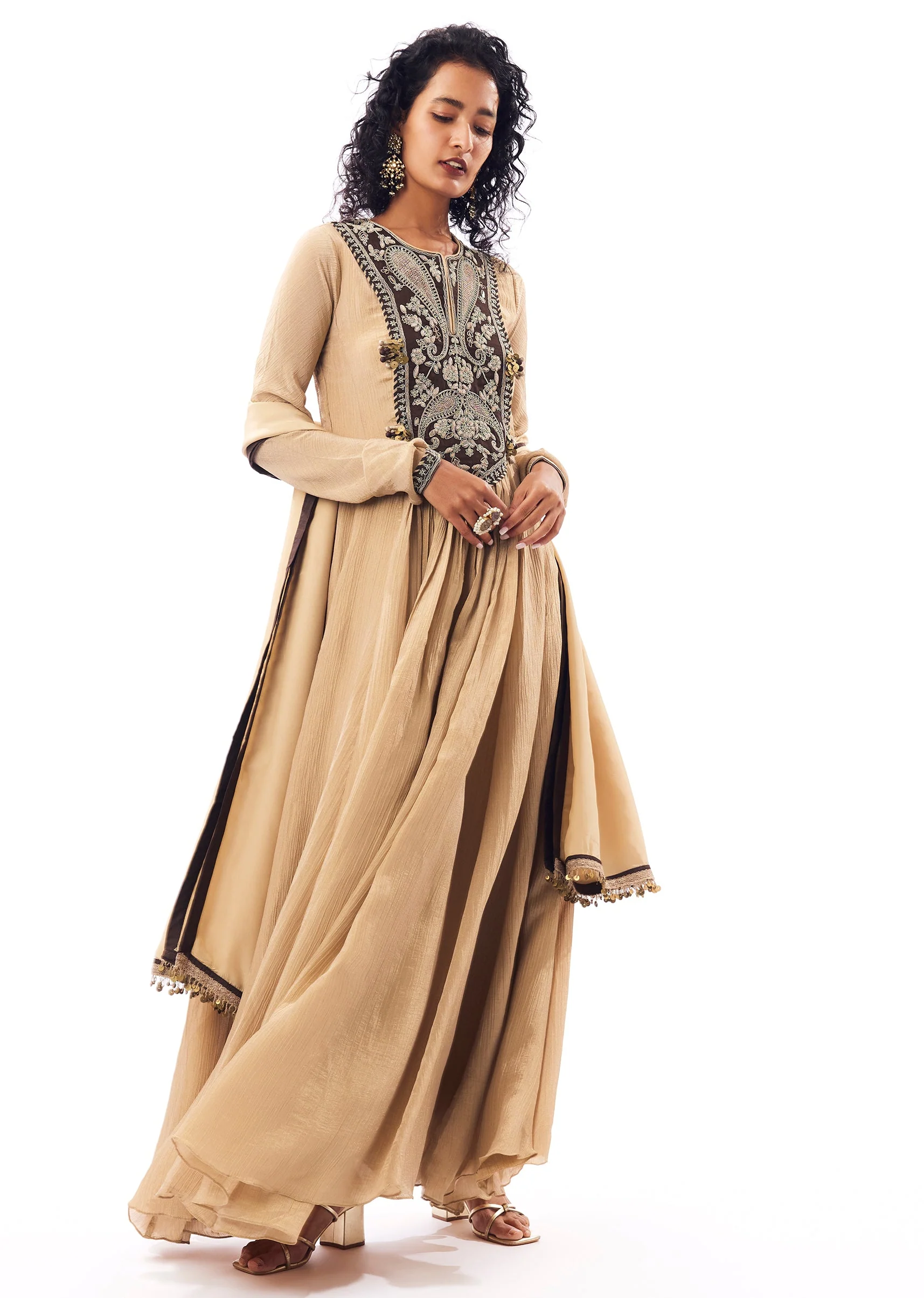 Beige Tissue Anarkali With Rich Zardosi Detailing