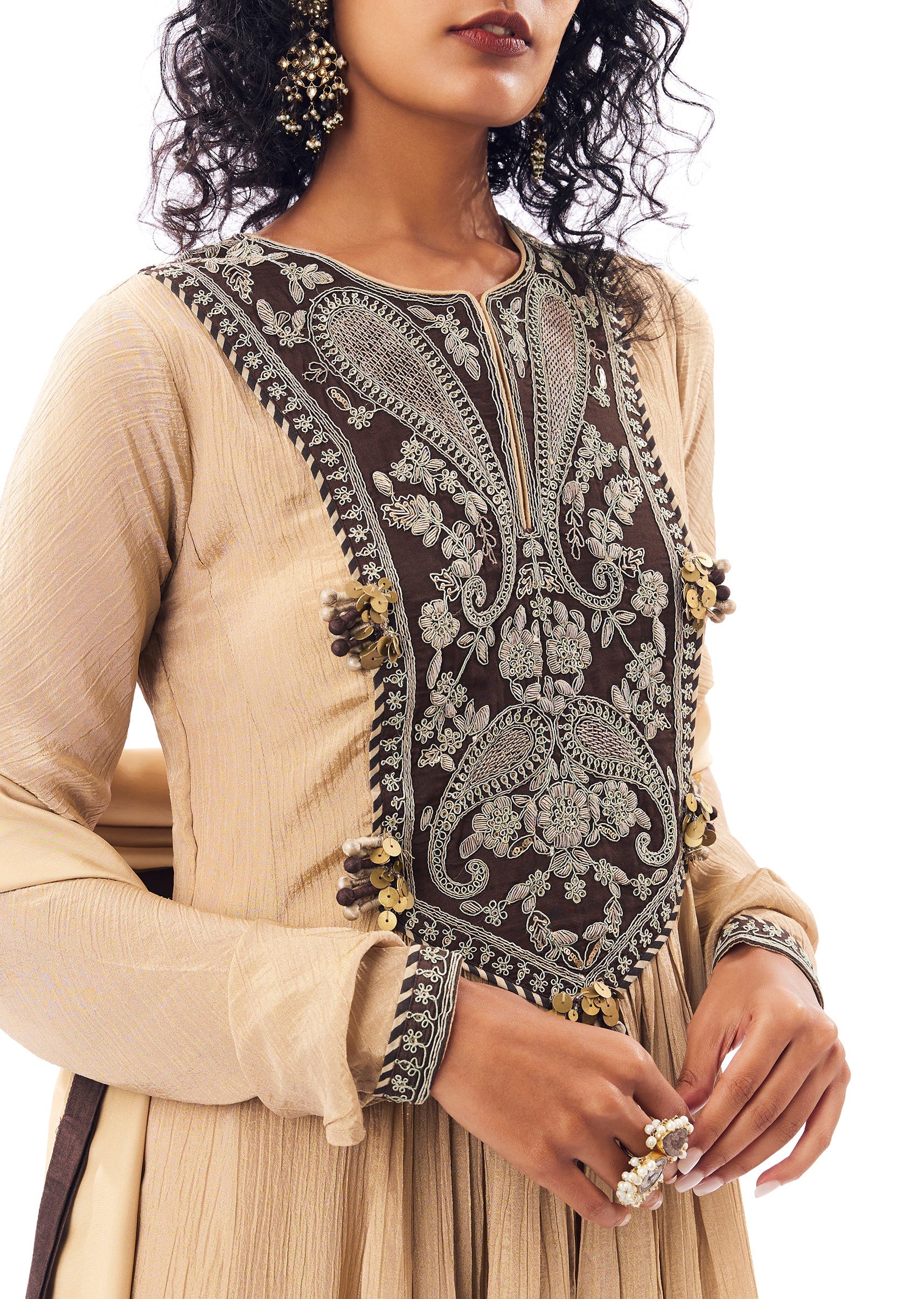 Beige Tissue Anarkali With Rich Zardosi Detailing