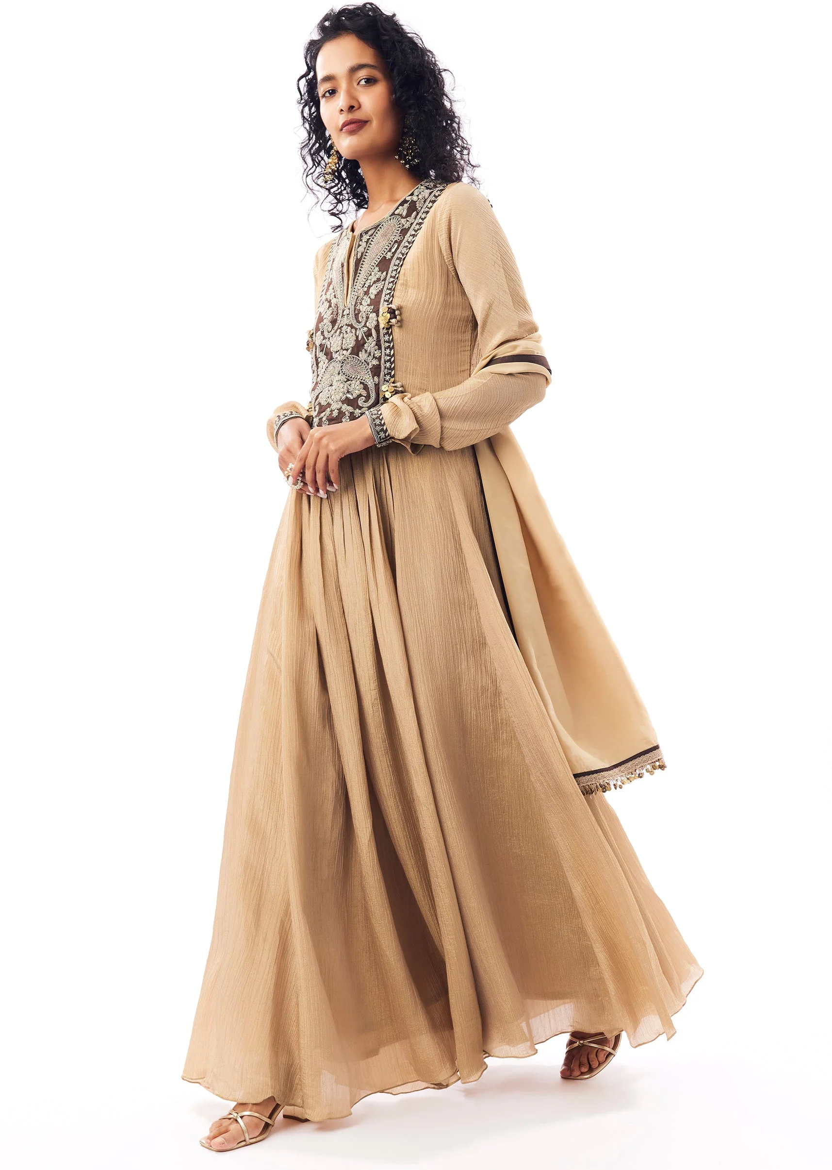 Beige Tissue Anarkali With Rich Zardosi Detailing