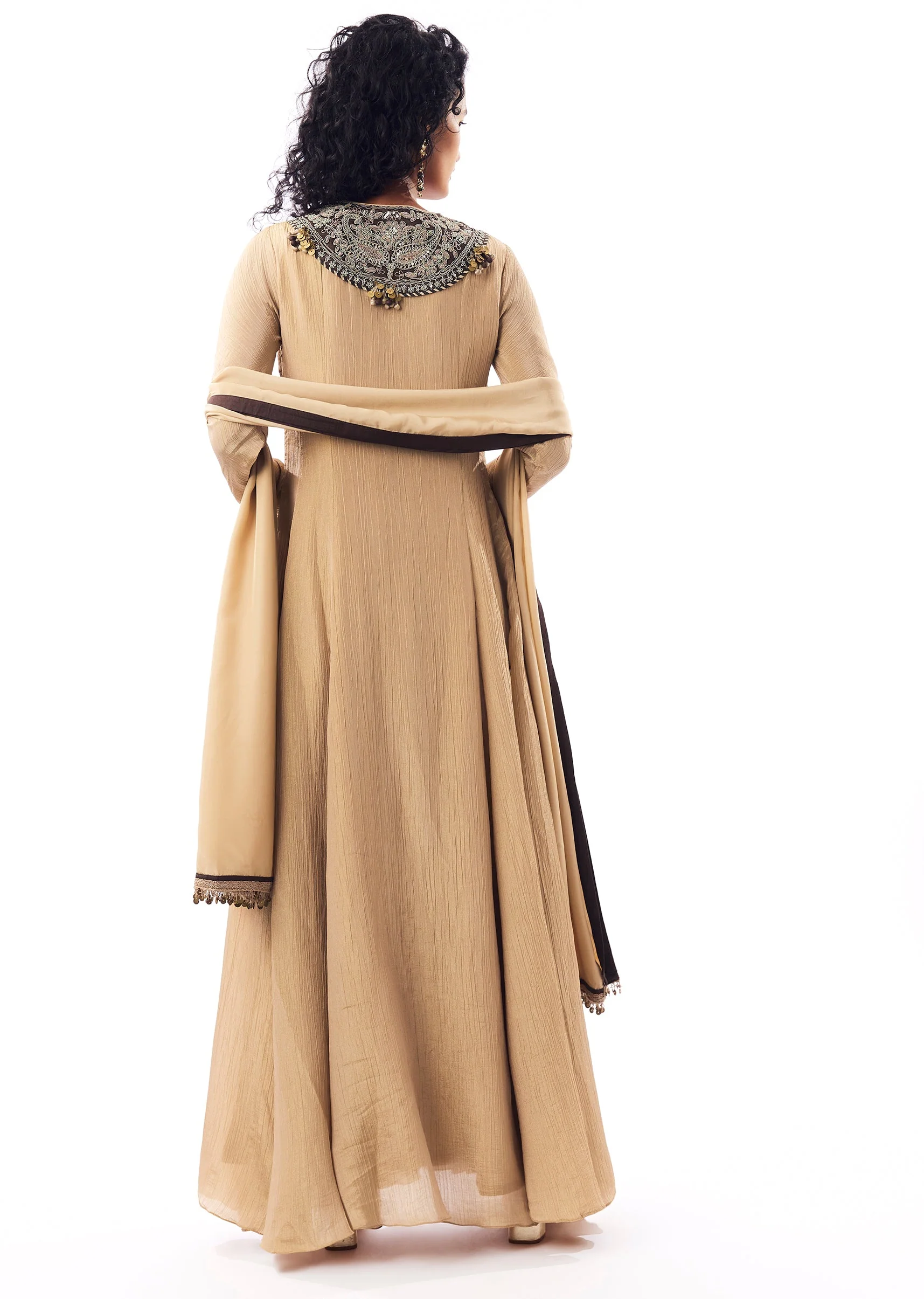 Beige Tissue Anarkali With Rich Zardosi Detailing