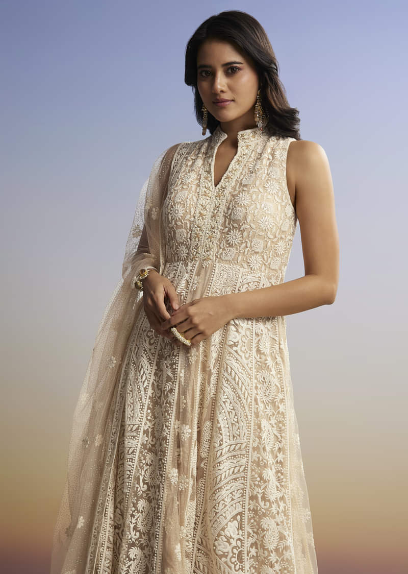 Beige Threadwork Anarkali With Dupatta