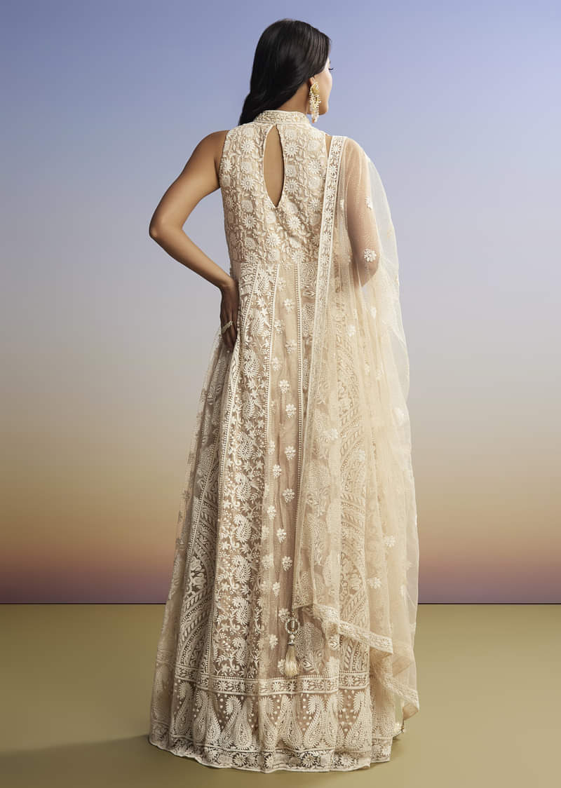 Beige Threadwork Anarkali With Dupatta