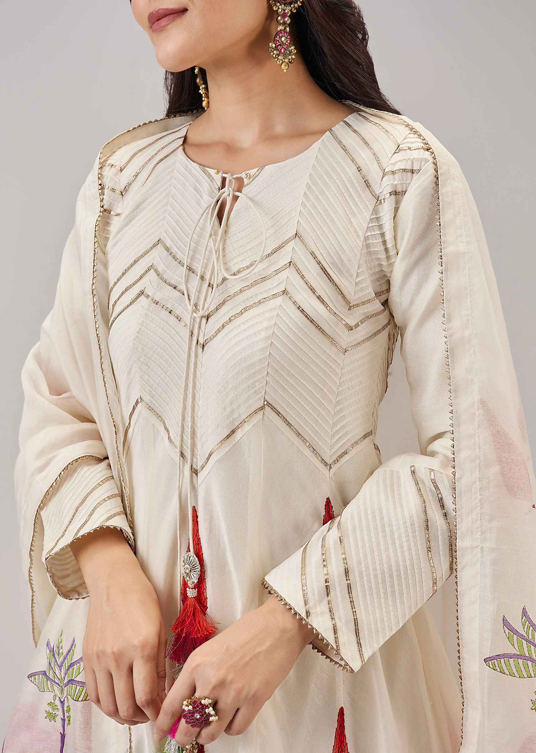 Off White Hand Block Print Anarkali And Gotta Lace Work