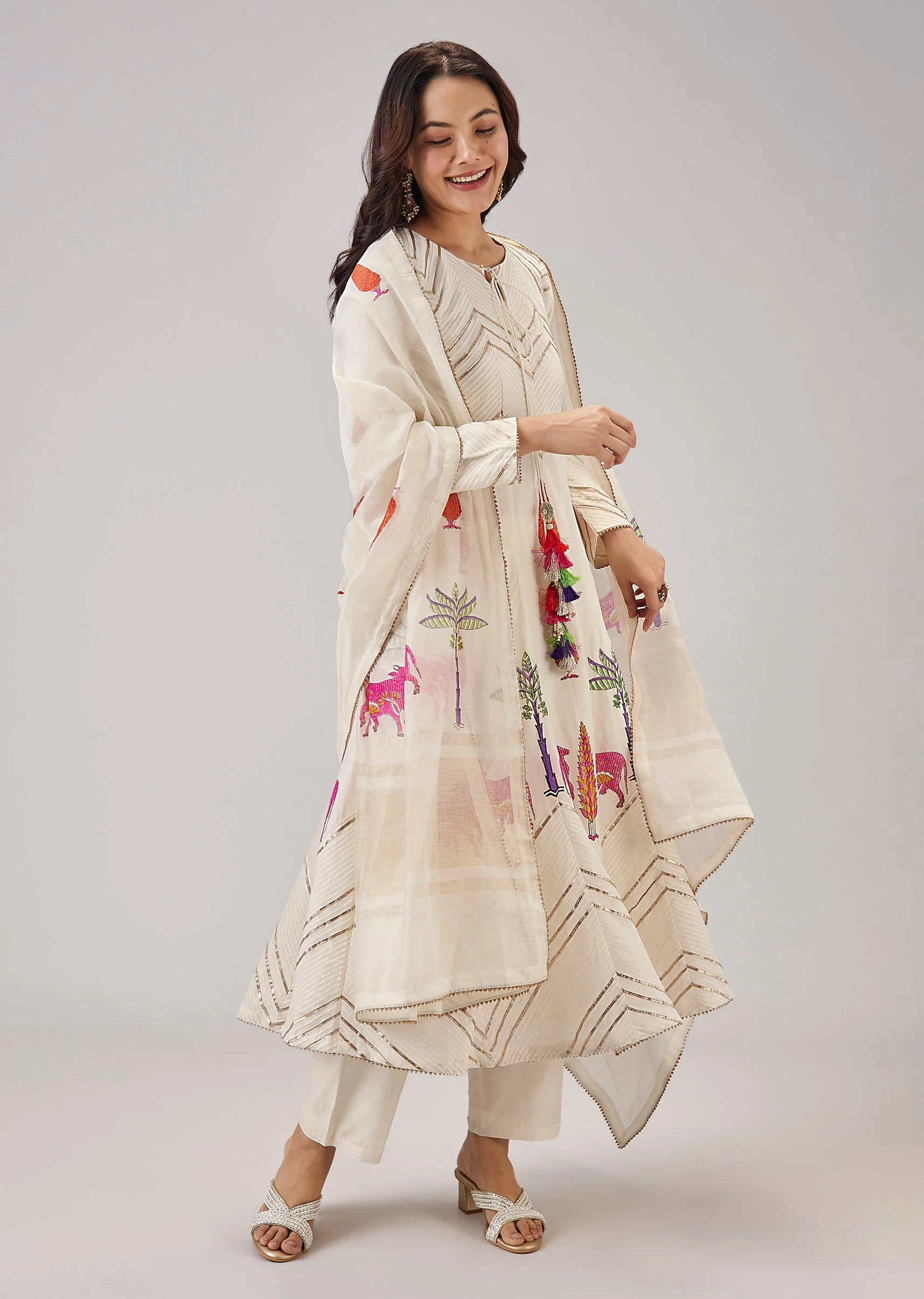 Off White Hand Block Print Anarkali And Gotta Lace Work
