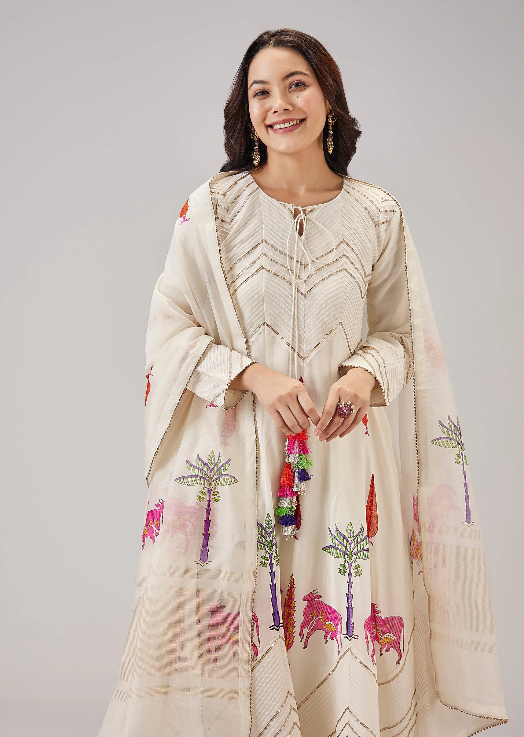 Off White Hand Block Print Anarkali And Gotta Lace Work
