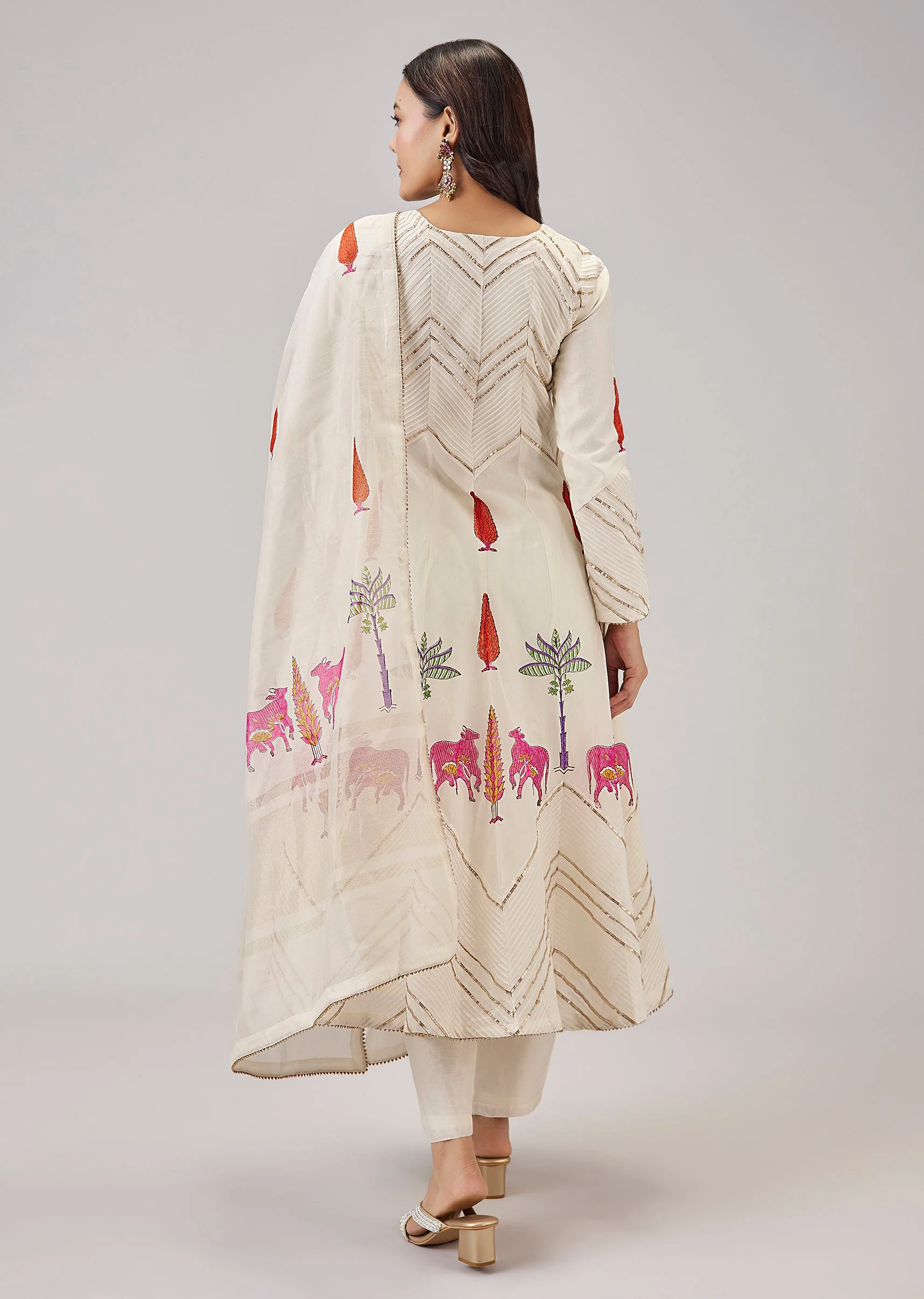 Off White Hand Block Print Anarkali And Gotta Lace Work