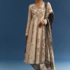 Beige Floral Printed Crepe Anarkali Set With Embroidered Neckline