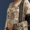 Beige Floral Printed Crepe Anarkali Set With Embroidered Neckline