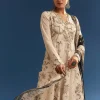 Beige Floral Printed Crepe Anarkali Set With Embroidered Neckline