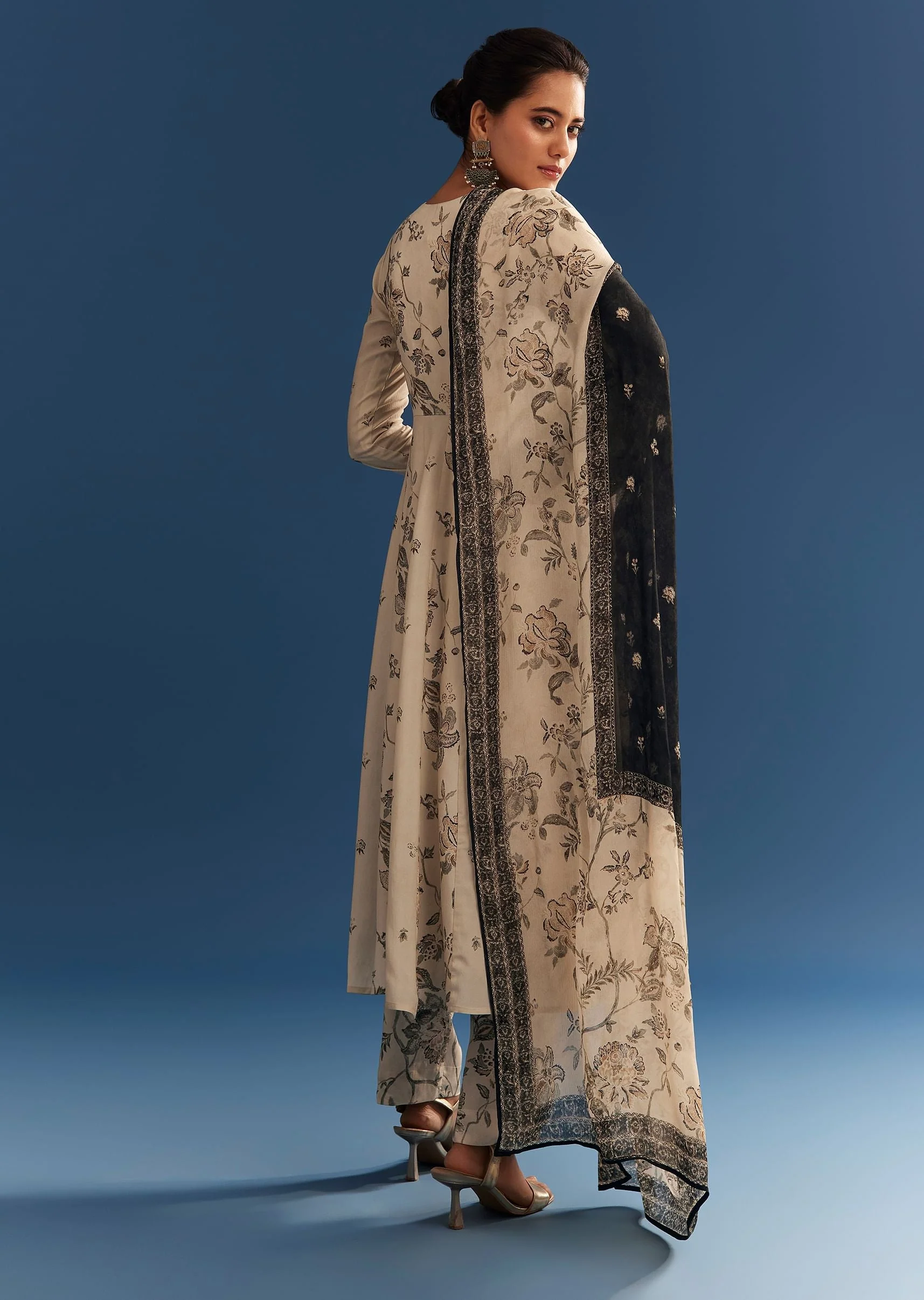 Beige Floral Printed Crepe Anarkali Set With Embroidered Neckline