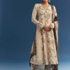 Beige Floral Printed Crepe Anarkali Set With Embroidered Neckline