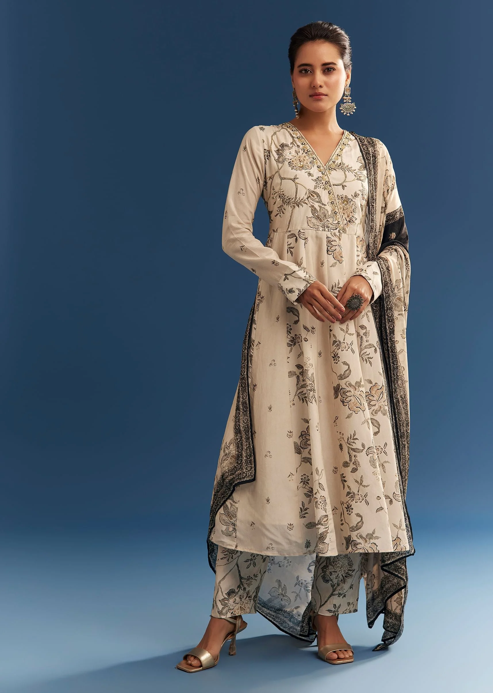 Beige Floral Printed Crepe Anarkali Set With Embroidered Neckline