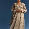 Beige Floral Printed Crepe Anarkali Set With Chinon Dupatta