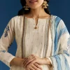 Off White Block Print Anarkali With Zardosi Yoke And Block Print Dupatta