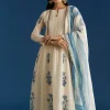 Off White Block Print Anarkali With Zardosi Yoke And Block Print Dupatta