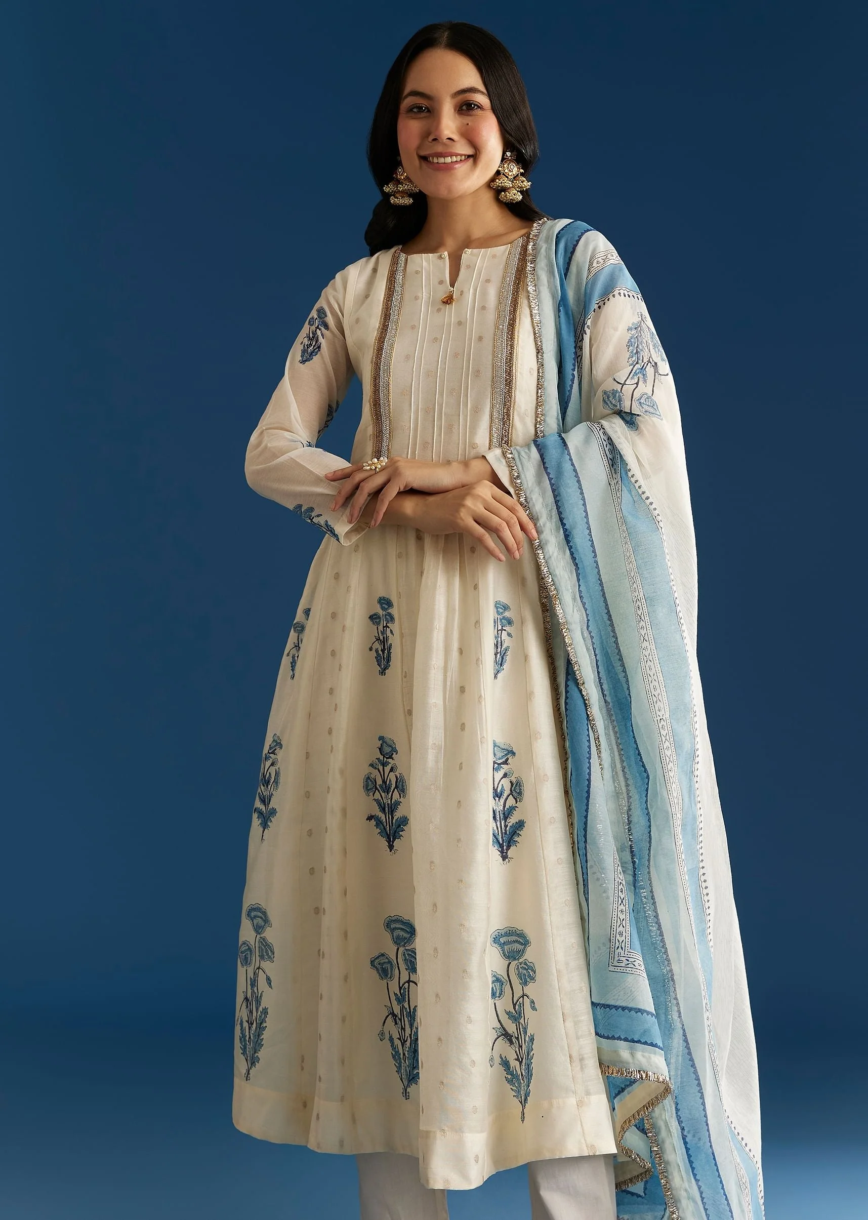 Off White Block Print Anarkali With Zardosi Yoke And Block Print Dupatta