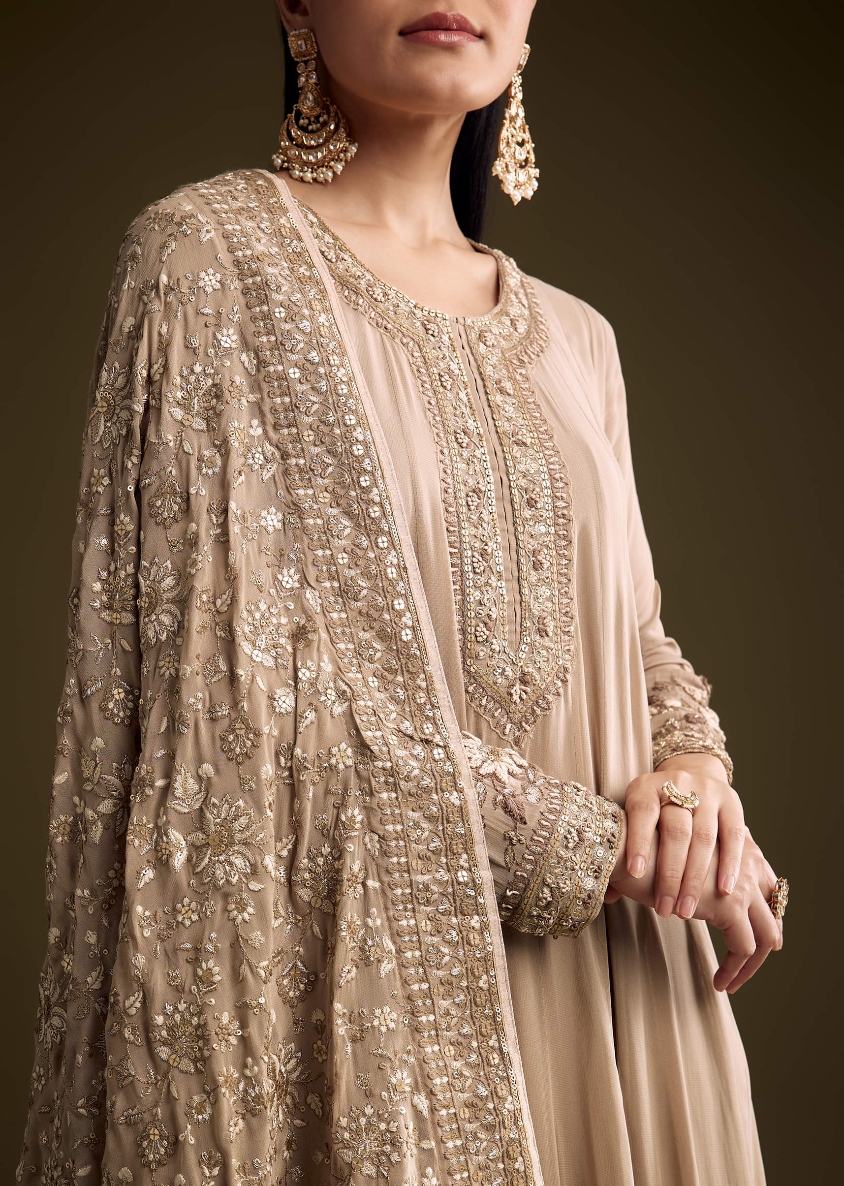 Beige Georgette Anarkali Suit With Thread And Sequins Embroidery