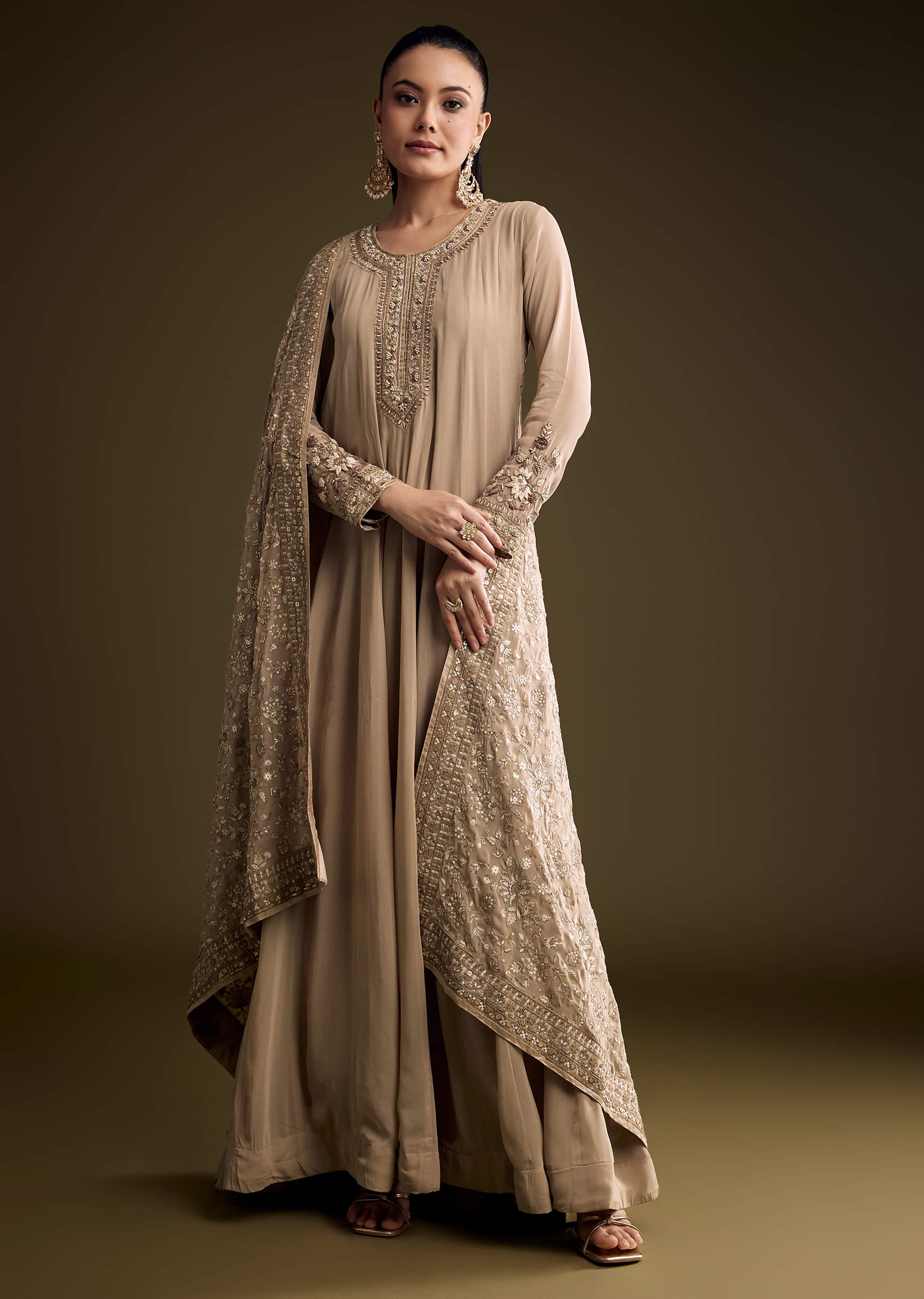 Beige Georgette Anarkali Suit With Thread And Sequins Embroidery
