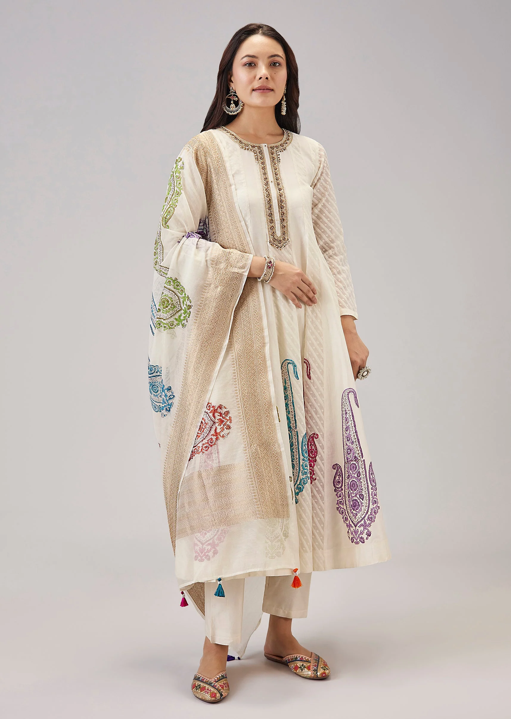 Off White Hand Block Print Anarkali With Zardosi And Moti Work
