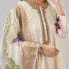 Off White Hand Block Print Anarkali With Zardosi And Moti Work