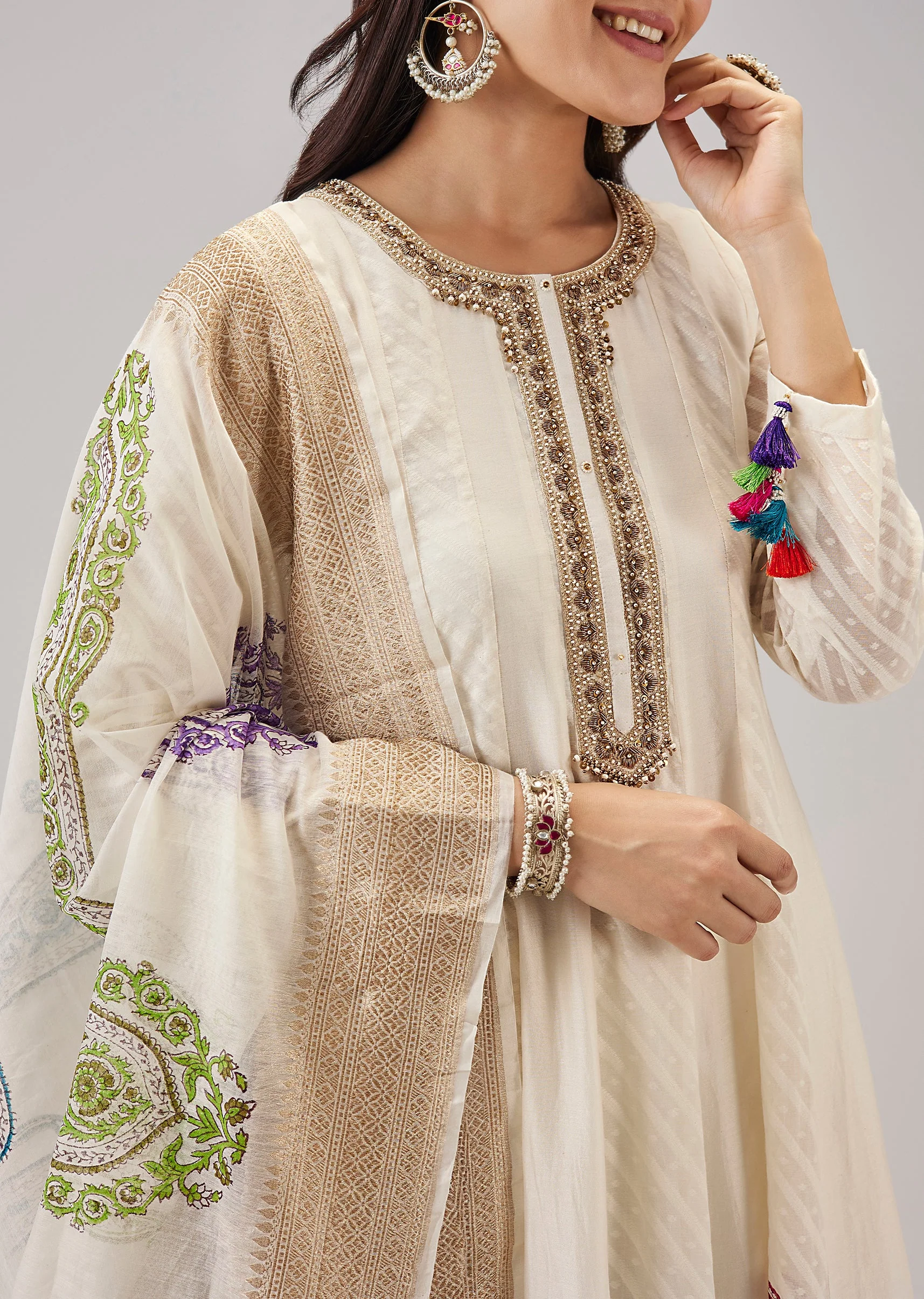 Off White Hand Block Print Anarkali With Zardosi And Moti Work