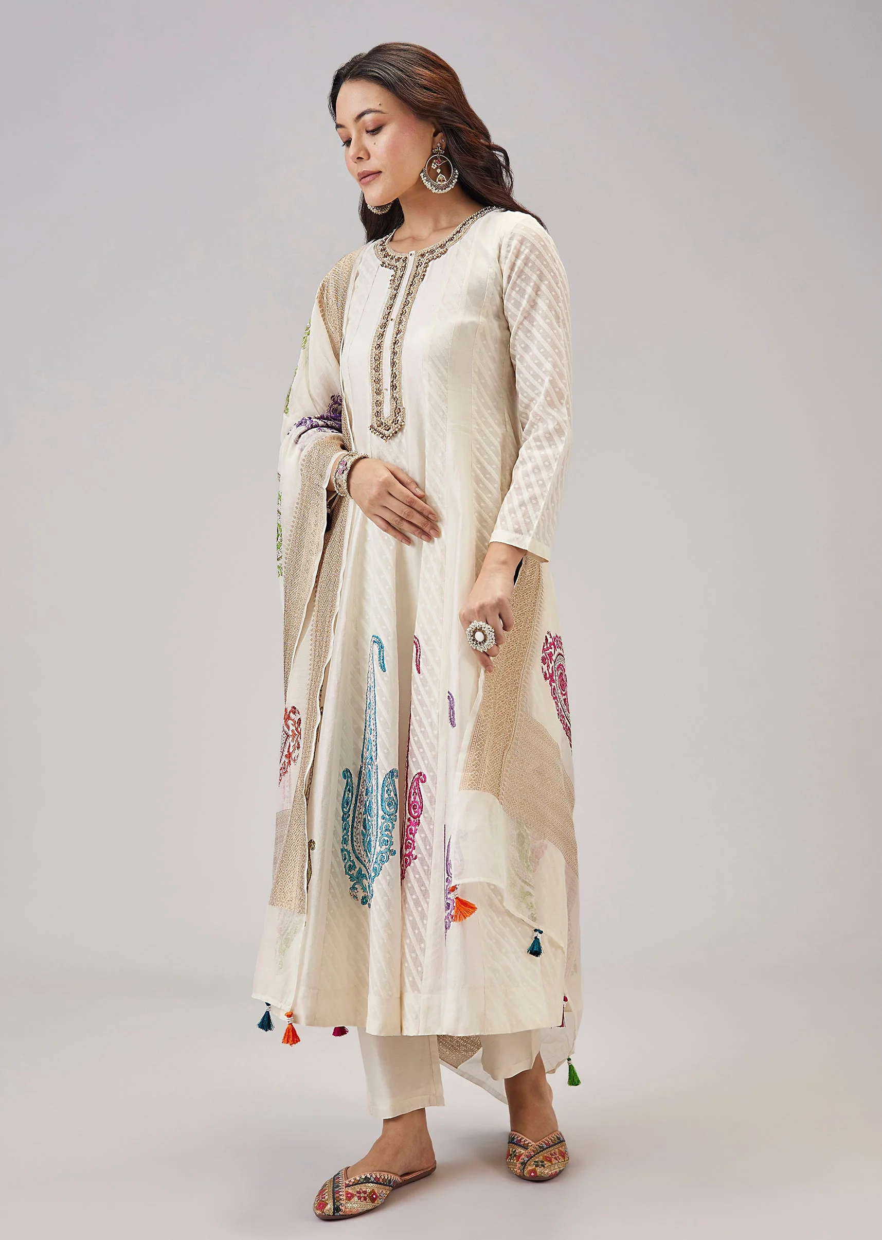 Off White Hand Block Print Anarkali With Zardosi And Moti Work