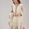 Off White Hand Block Print Anarkali With Zardosi And Moti Work
