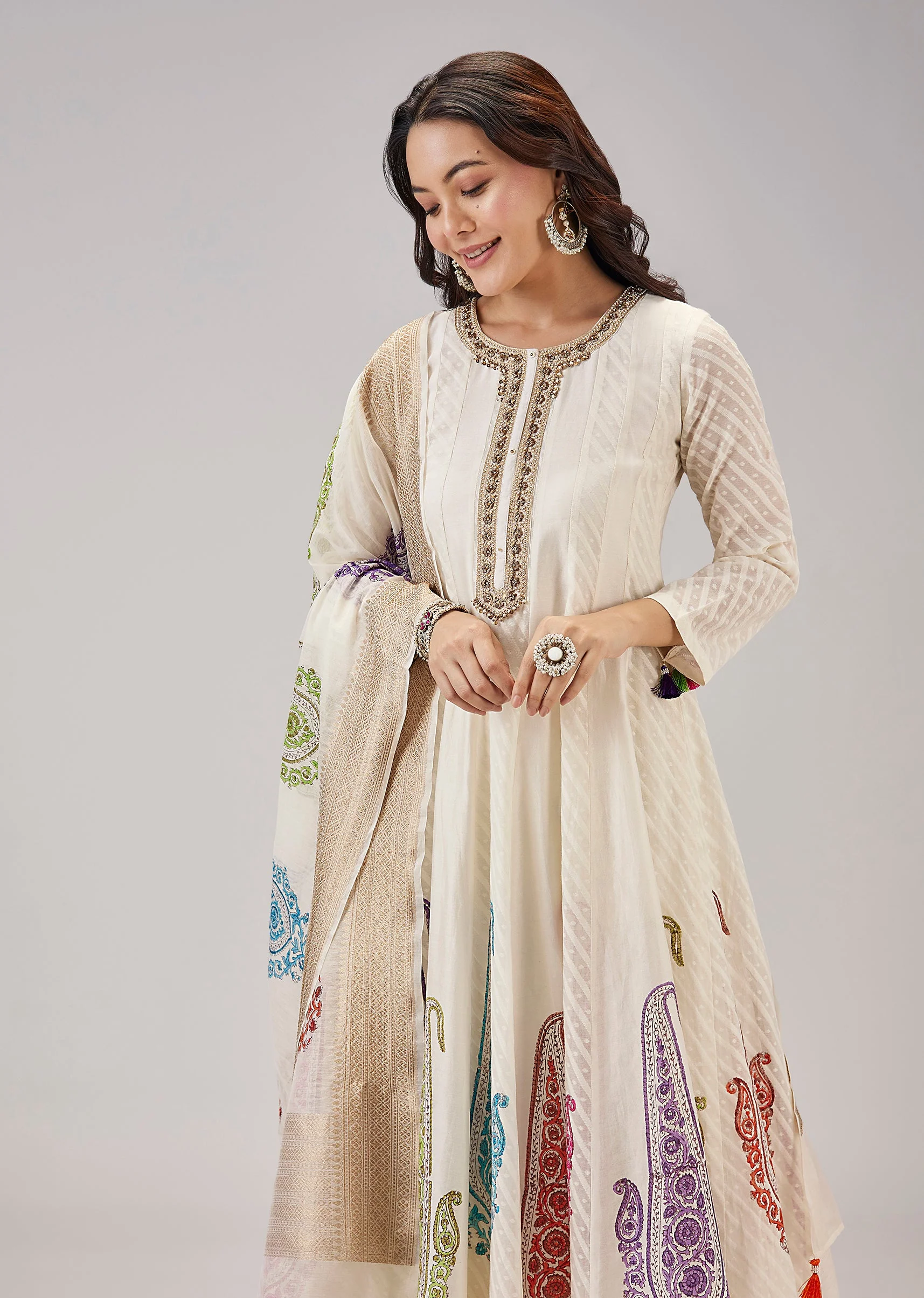 Off White Hand Block Print Anarkali With Zardosi And Moti Work