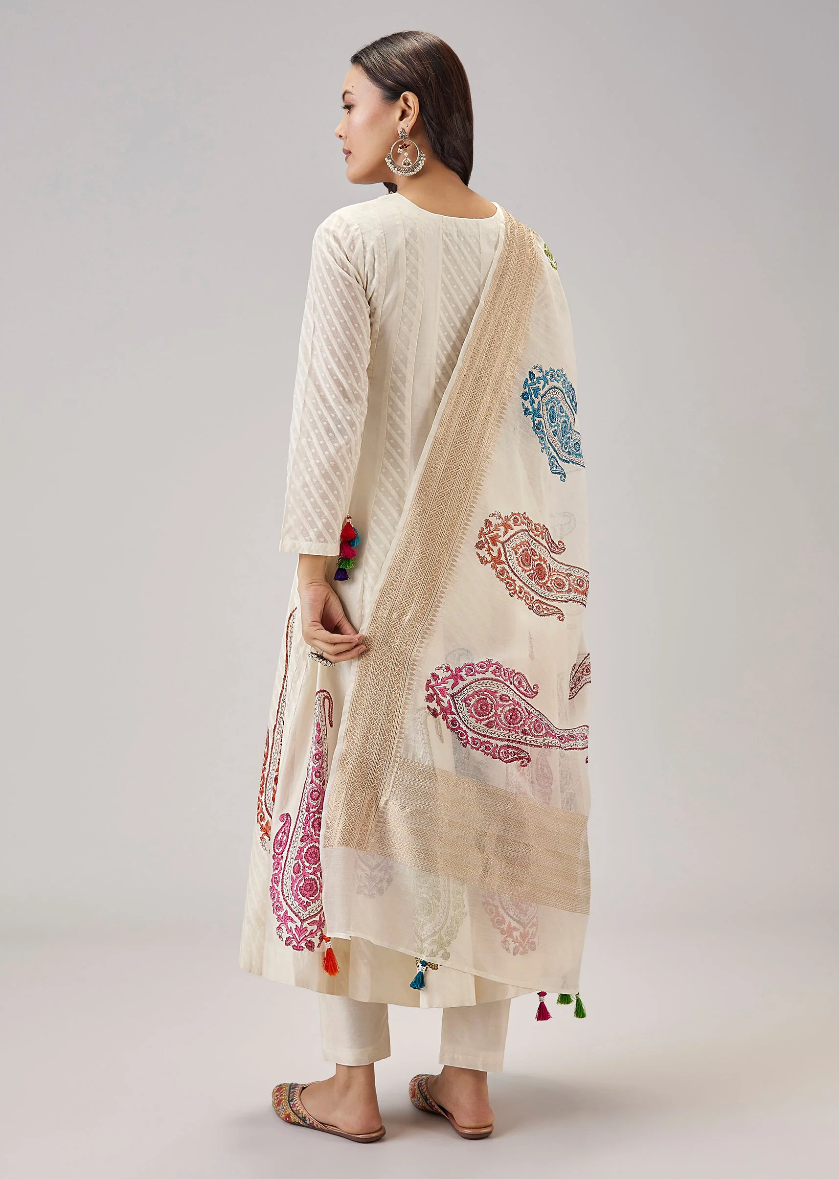 Off White Hand Block Print Anarkali With Zardosi And Moti Work